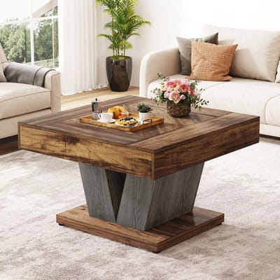 Questyr - vierkante salontafel van 80 cm in rustiek bruin en zwart - moderne houten middentafel voor de woonkamer