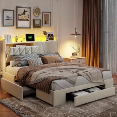 Tweepersoonsbed met laden - Gestoffeerd bed met opbergruimte - Slaapkamer inrichting - Geïntegreerde USB en stopcontacten - 140x200 cm - Beige