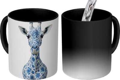 Magische Mok - Foto op Warmte Mokken - Koffiemok - Giraffe - Delfts blauw - Dieren - Minimalistisch - Magic Mok - Beker - 350 ML - Theemok