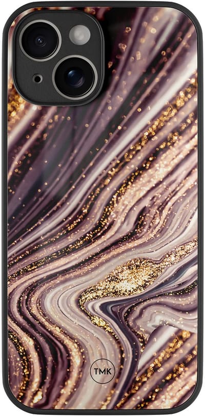 Hoesje geschikt voor Apple iPhone 14 - Golden pink marble - Roze - TPU luxe case (glossy toplaag) - Marmer - Hardcase backcover zwart
