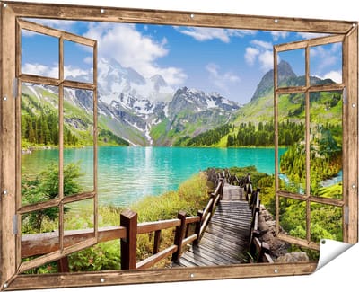 Gards Tuinposter Doorkijk Pad naar een Helder Blauw Meer in de Bergen - 180x120 cm - Tuindoek - Tuindecoratie - Wanddecoratie buiten - Tuinschilderij