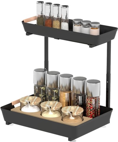 Keukenrek - 40 x 30 x 33,5–42 cm - Verstelbaar Staand Rek met 2 Mandjes - Metaal - Zwart