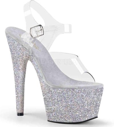 Pleaser - ADORE-708HMG Sandaal met enkelband, Paaldans schoenen - Paaldans schoenen - 35 Shoes - Zilverkleurig/Transparant