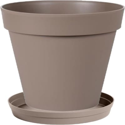 Bloempot Toscane kunststof taupe D20 x H17 cm inclusief onderschaal D15 cm - Bloempotten/plantenpotten set
