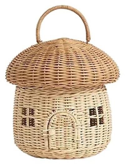 Dailygoods- Paddestoelmand met Deksel - Opbergmand - Rieten Mand - Decoratieve Mand - Handgeweven Mand - Bruin 25x25cm