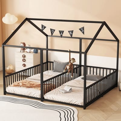 DESMIU Metalen Stapelbed 90x200 cm – Huisvormig Kinderbed met Ladder en Veiligheidshek – Voor Twee Kinderen – Zonder Matras – Zwart