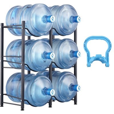 VEVOR 3-laags waterkanhouder, 5 gallon waterfleshouder, dubbellaags ijzeren waterflesrek voor 6 flessen, robuust waterkanrek waterkanhouder voor keuken, kantoor, woonkamer, zwart