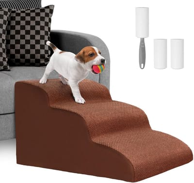 SnelShoppen - Honden Trap voor Kleine Honden, 3 Treden, Kat Trap, Wasbare Hondenslope van Hoge Elasticiteit, Bruin, Ideaal voor Joints Bescherming