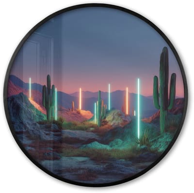 Poster in lijst Rond - Fotolijst 60x60 cm - Posters - Cactus - Lichtzuilen - Zonsondergang - Ronde posterlijst zwart - Decoratie - Wanddecoratie woonkamer - Muurdecoratie slaapkamer