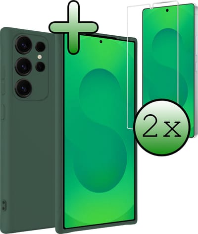 Hoesje Met 2x Screenprotector - Geschikt voor Samsung Galaxy S25 Ultra - Sterk & Shockproof - Back Cover - Siliconen Case - Telefoon Hoes - Donkergroen