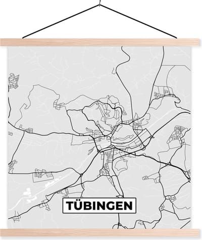 Posterhanger incl. Poster 40x40 cm - Schoolplaat - Duitsland - Plattegrond - Kaart - Tübingen - Stadskaart - Textielposter - Blanke latten - Stadskaart