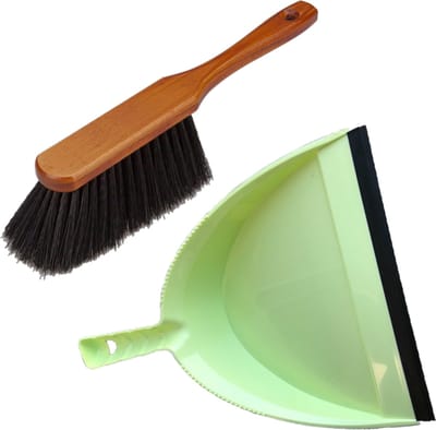 Stoffer en blik groen van kunststof/hout met lip voor binnen - Zachte borstel/handveger