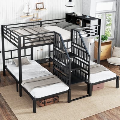 PHOEBE CAT Stapelbed - 90x200 & 140x200 cm - Geschikt voor 3 personen - Opbergruimte - IJzeren frame - Zwart