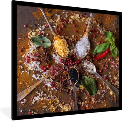 Fotolijst incl. Poster - Specerijen - Kruiden - Lepels - Zout - Bruin - Keuken - 40x40 cm - Posterlijst