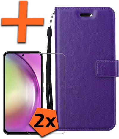 Hoes - Met 2x Screenprotector - Geschikt voor Samsung Galaxy A54 - Luxe Pasjeshouder - Bookcase Portemonee - Flip Case - Kunstleer Book Case - Flipcase Hoes - Book Cover - Walletcase - PortemonneeHoes - Paars