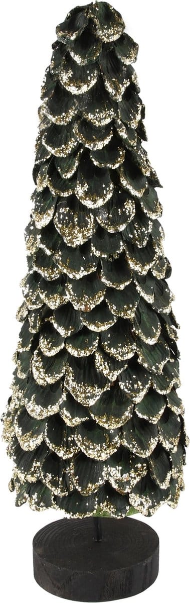 Dekoratief | Kegel vorm op voet m/blaadjes, groen/goud, 11x11x35cm | A245516