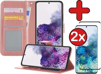 Hoesje - Met 2x Screenprotector - Geschikt voor Samsung Galaxy S20 - Luxe Pasjeshouder - Flip Case - Bookcase Portemonee - Kunstleer Book Case - Flipcase Hoes - Book Cover - Walletcase - Portemonneehoes - Telefoonhoes - Rosé goud