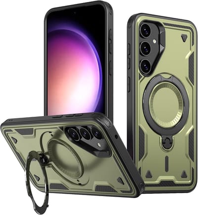 Magsafe Hoesje Geschikt voor Samsung Galaxy S23 FE Hoesje Olijgroen - Armor Hoesje met Met Draaibare Ring Houder