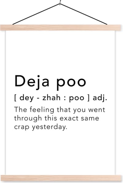 Posterhanger incl. Poster 87x120 cm - Schoolplaat - Spreuken - Quotes - The feeling that you went through this exact same crap yesterday - Deja vu - Textielposter - Blanke latten
