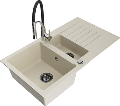 Mexen Matias granieten gootsteen 1,5-komers met afdruiprek en keukenmengkraan Aster, beige - 6502-69-73450-07-B