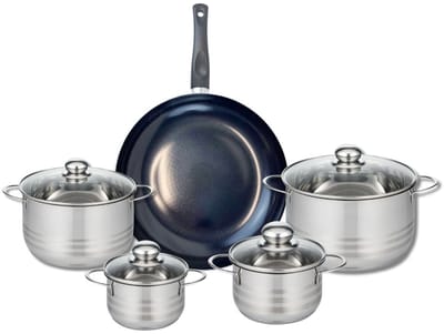 Set van 1 Koekenpan 32 cm en 4 kookpotten 14, 16, 20 en 24 cm Elo Prima Glanzend