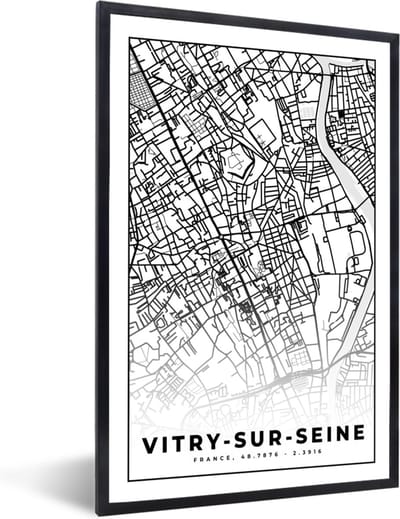 Fotolijst incl. Poster Zwart Wit- Stadskaart - Plattegrond - Kaart - Vitry-sur-Seine - Frankrijk - Zwart wit - 40x60 cm - Posterlijst