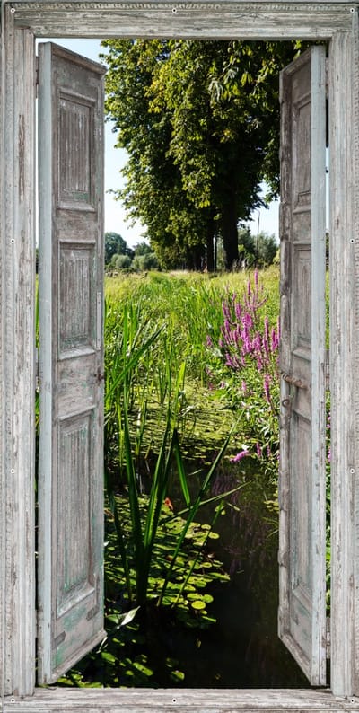 D&C Collection - tuinposter - 85x170 cm - deuren sloot waterplanten - doorkijk - deurposter voor buiten - tuinpoort