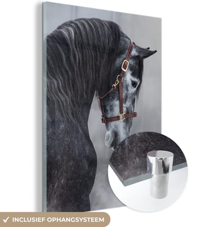 MuchoWow® Glasschilderij 120x160 cm - Schilderij acrylglas - Paard - Grijs - Bruin - Dieren - Rook - Foto op glas - Schilderijen