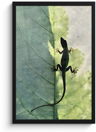Poster in lijst - Fotolijst 40x60 cm - Posters - Hagedis - Blad - Nerven - Groen - Posterlijst zwart - Decoratie - Wanddecoratie woonkamer - Muurdecoratie slaapkamer
