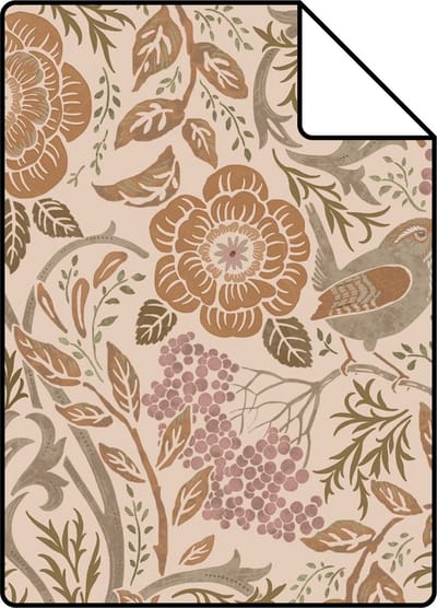 Proefstaal ESTAhome behang bloemen en vogels in art nouveau stijl beige, terracotta en oudroze - 26.5 x 21 cm - 139567-S