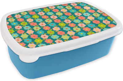 Broodtrommel Blauw - Lunchbox Patroon - Bloemen - Retro - Jaren 70 - Brooddoos 18x12x6 cm - Brood lunch box - Broodtrommels voor kinderen en volwassenen