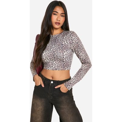 boohoo Dames Basic Dierenprint Katoen Lange Mouwen Asymmetrische Top | Leopard | Maat: 12
