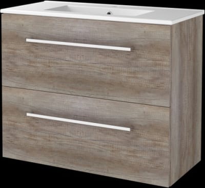 Basic Start 39 badmeubelset met wastafelonderkast met grepen, 2 lades en porseleinen wastafel met 1 kraangat 80 x 39 cm, scotch oak