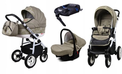 BabyLux® Kinderwagen 4in1 – ALUWAY - KHAKI MONSTERA LEAVES - Opklapbare Wandelwagen incl. Reiswieg, Multifunctionele Buggy Sportstoel, Autostoel, ISOFIX basisstation - Combi-kinderwagen met Luiertas, Regenhoes, Klamboe