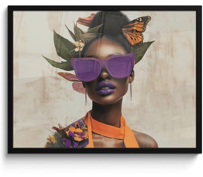 Poster in lijst - Fotolijst 80x60 cm - Posters - Vrouw - Zonnebril - Vlinder - Bloemen - Posterlijst zwart - Decoratie - Wanddecoratie woonkamer - Muurdecoratie slaapkamer