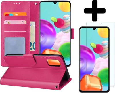 Hoesje - Met Screenprotector - Geschikt voor Samsung Galaxy A41 - Luxe Pasjeshouder - Flipcase - Bookcase Portemonee - Flip Case - Kunstleer Book Case - Book Cover - Walletcase - Portemonneehoes - Telefoonhoes - Donkerroze