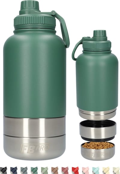 Honden Drinkfles met voerbakken - Waterfles hond - Dubbelwandig - Thermosfles - Hondendrinkbak - Multifunctioneel - Hondenvoerbak - RVS Fles - Lekbestendige dop - BPA vrij - 1 Liter - Met handvat - Perfect voor onderweg - Groen