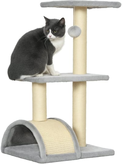 PawHut Kratzbaum 72 cm Katzenturm mit Plüschballen, Sisalstämme, Plattform, Kratzbrett mehrstöckiger Katzenkratzbaum, Kletterbaum, für mittelgroße Katzen, Hellgrau