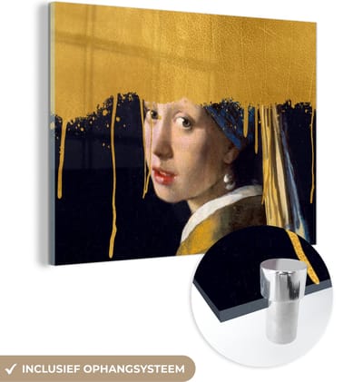 MuchoWow® Glasschilderij 160x120 cm - Schilderij acrylglas - Meisje met de parel - Goud - Vermeer - Foto op glas - Schilderijen