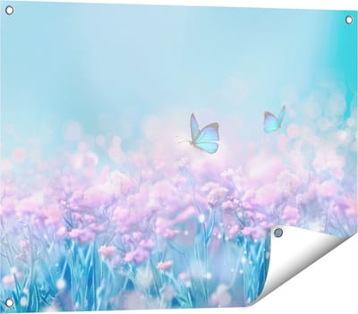 Gards Tuinposter Twee Blauwe Vlinders bij Roze Bloemen - 80x60 cm - Tuindoek - Tuindecoratie - Wanddecoratie buiten - Tuinschilderij