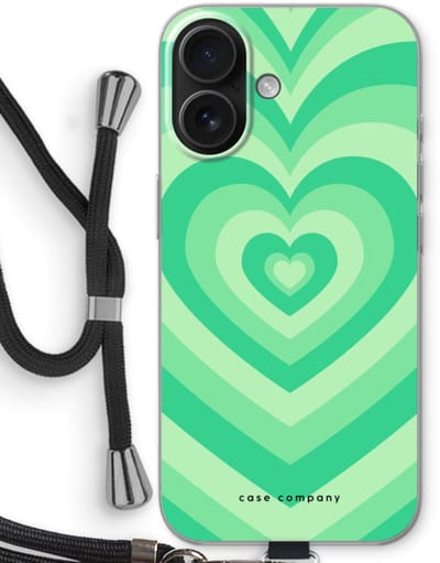 Case Company® - Hoesje met koord geschikt voor iPhone 16 hoesje met Koord - Hart Groen - Telefoonhoesje met Zwart Koord - Bescherming aan alle Kanten en Over de Schermrand