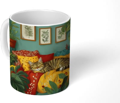 Mok - Koffiemok - Kat - Planten - Groen - Mokken - 350 ML - Beker - Koffiemokken - Theemok