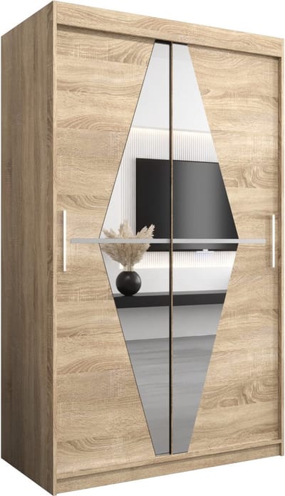InspireMe - Kledingkast met 2 schuifdeuren, Modern-stijl, Een kledingkast met planken en een spiegel (BxHxD): 120x200x62 - BOLA 120 Sonoma Eik