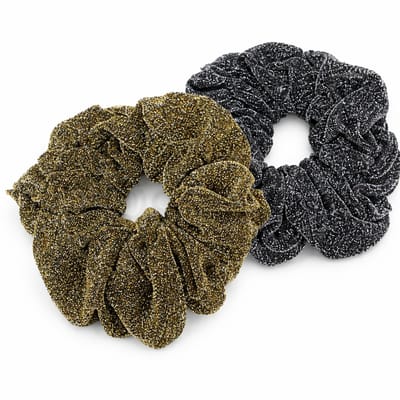 2 feestelijke haarscrunchies van glinsterende lurex goudkleurig en zilverkleurig