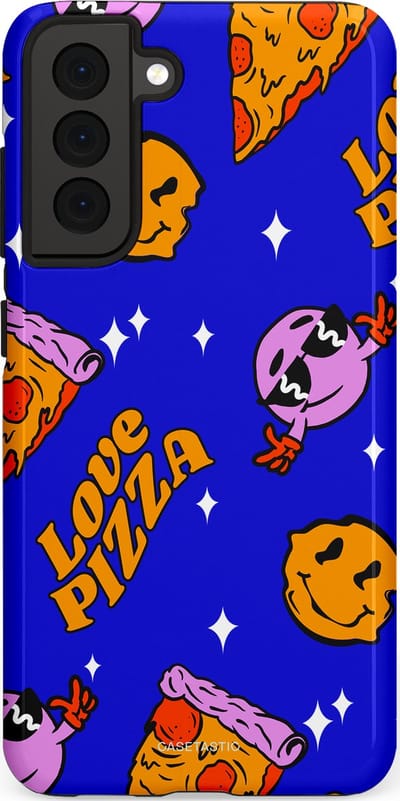 Casetastic hoesje geschikt voor Samsung Galaxy S21 FE 5G - Dubbellaagse bescherming - Funky Pizza - Fashion Case - Paars Okergeel Donkerblauw Bruin