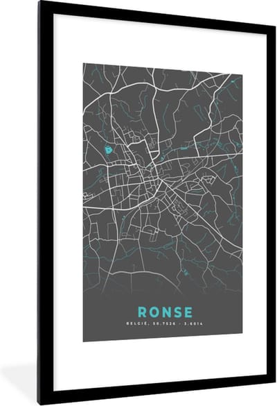 Fotolijst incl. Poster - België – Ronse – Stadskaart – Kaart – Blauw – Plattegrond - 60x90 cm - Posterlijst