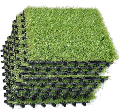 Kunstgrasmatten Buiten - Grastegels Set - Tuin Balkon - Eenvoudige Installatie - 12 Stuks - Levendig Groen