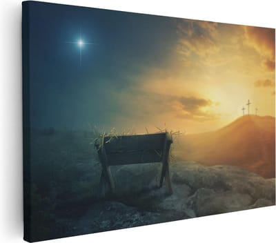 Artaza Canvas Schilderij Jezus Christus - 60x40 cm - Christelijke Wanddecoratie - Kruis Golgotha - Muurdecoratie Zonsondergang