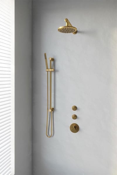 Brauer Gold Edition thermostatische inbouw regendouche SET 13 met 20 cm douchekop en rechte muurarm en staaf handdouche en doucheslang en geïntegreerde glijstang goud geborsteld PVD