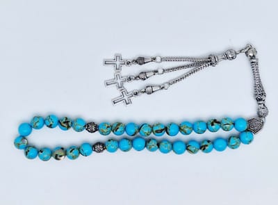 Handgemaakte tesbih klassiek - "Tasbih" natuursteen "Turkoois bakeliet" - Aantal kralen 33 - Diameter kralen 8 MM - met metaal tassel "Kruis" - Een mooi cadeau-idee